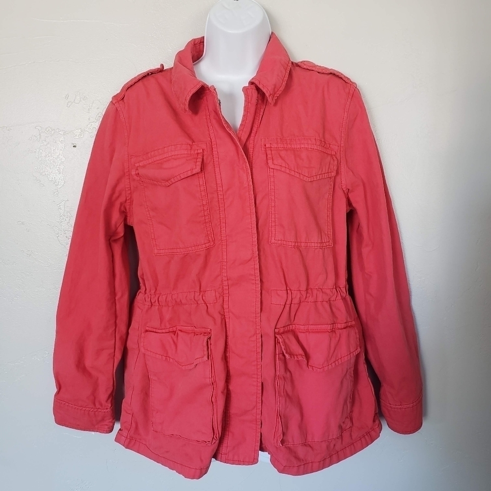 Gap Small Coral Red Utility Jacket Patch Pockets Military Colorful Fall Spring